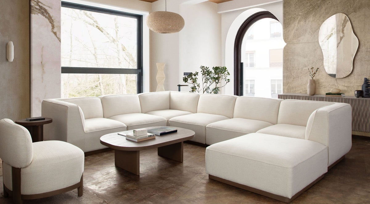 Aspen Armless Chair in Cream Polyester Fabric with Wood Trim by Diamond Sofa - styled in a staged room by Center Stage Home Design