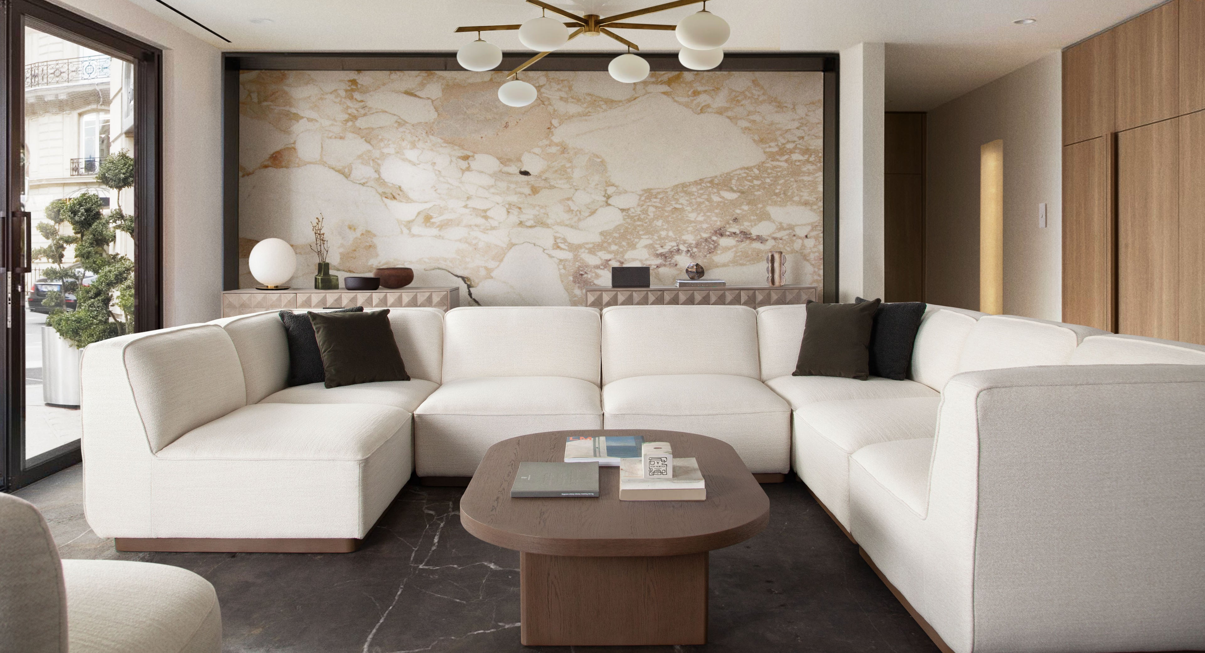 Aspen Oval Cocktail Table in Dark Oak finish by Diamond Sofa - styled in a staged room by Center Stage Home Design
