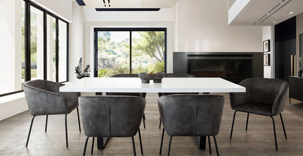 Avery Set of (2) Dining Chairs in Textured Grey Velvet w/ Black Metal Leg by Diamond Sofa - styled in a staged room by Center Stage Home Design