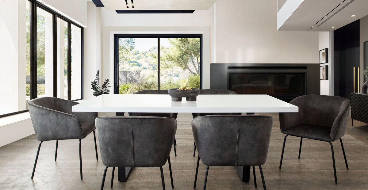 Avery Set of (2) Dining Chairs in Textured Grey Velvet w/ Black Metal Leg by Diamond Sofa - styled in a staged room by Center Stage Home Design