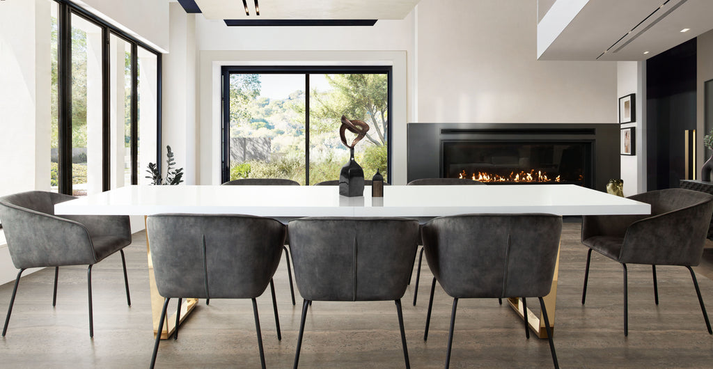Avery Set of (2) Dining Chairs in Textured Grey Velvet w/ Black Metal Leg by Diamond Sofa - styled in a staged room by Center Stage Home Design