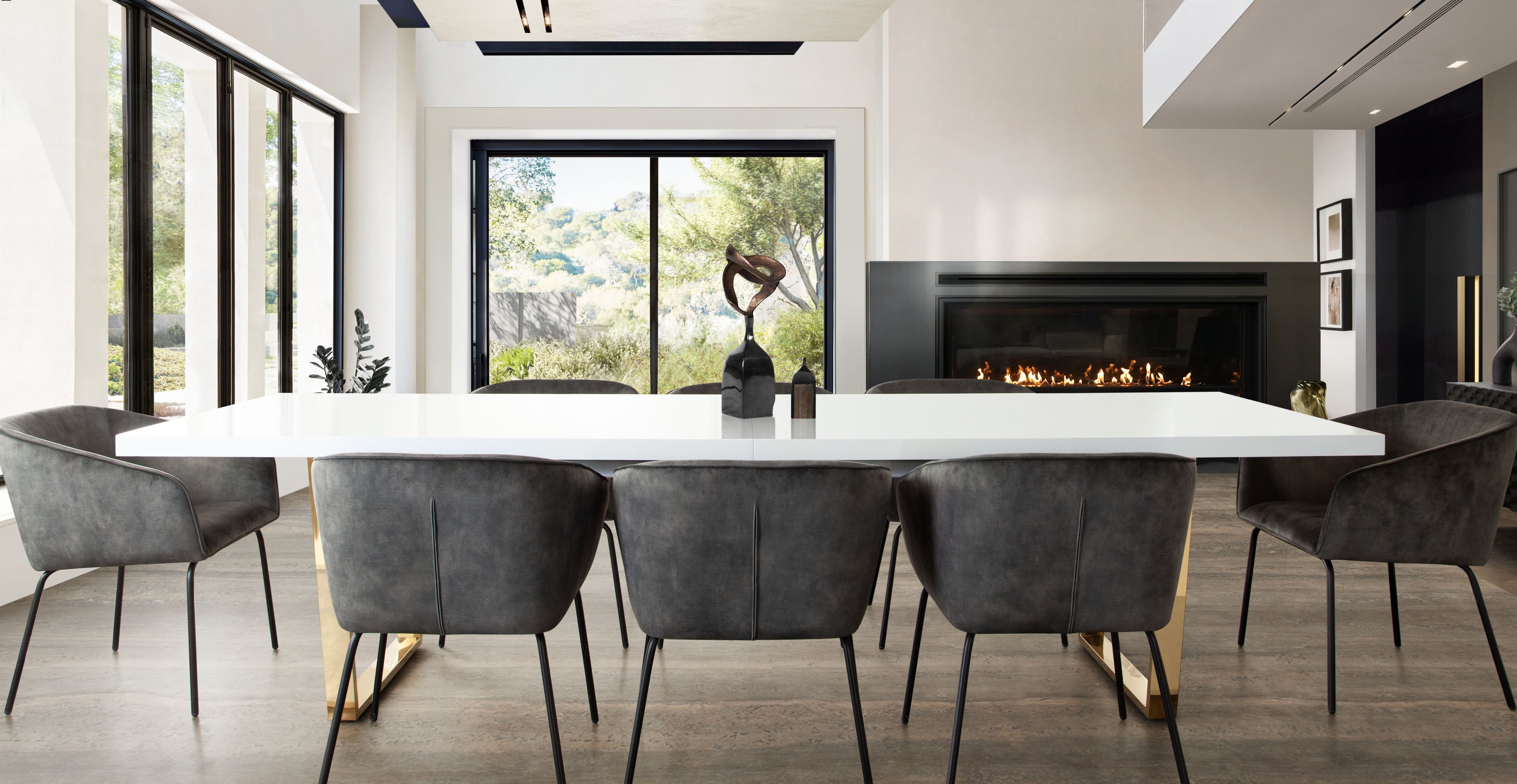 Avery Set of (2) Dining Chairs in Textured Grey Velvet w/ Black Metal Leg by Diamond Sofa - styled in a staged room by Center Stage Home Design