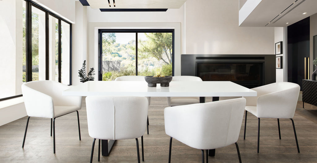 Avery Set of (2) Dining Chairs in Mist White Performance Fabric w/ Black Metal Leg by Diamond Sofa - styled in a staged room by Center Stage Home Design