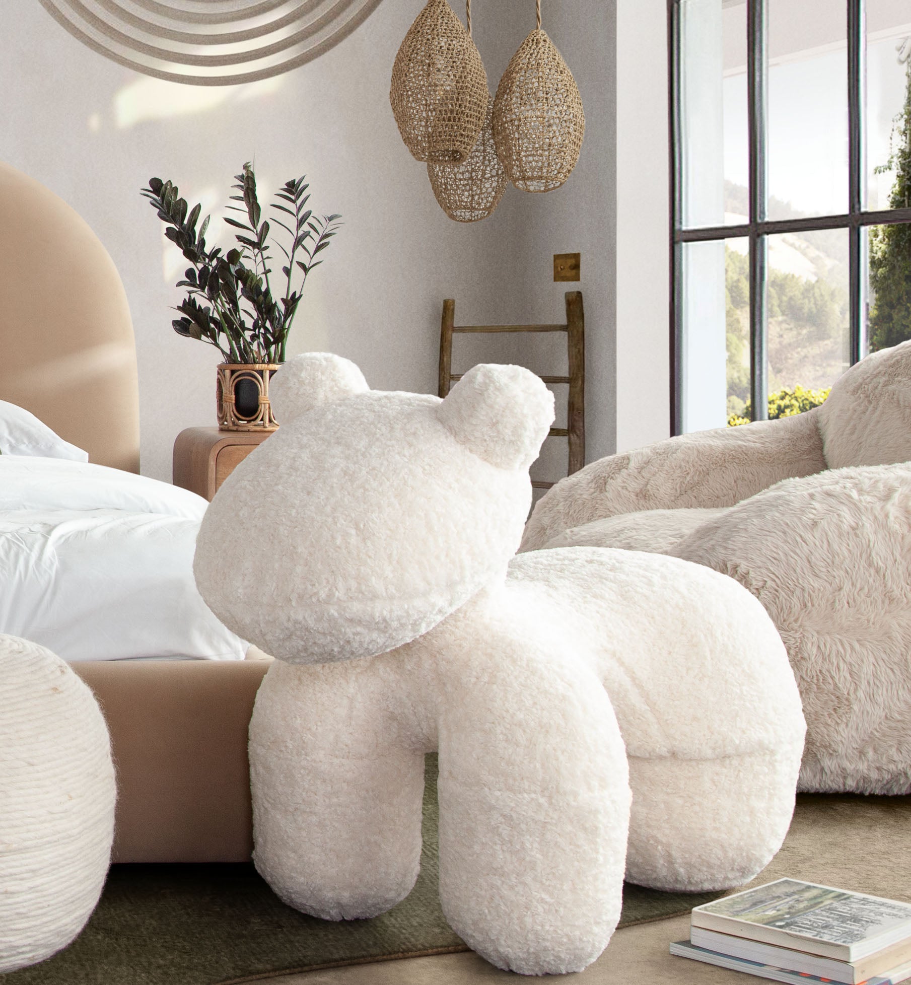 Bailey Animal Bench in Cream Faux Sheepskin by Diamond Sofa - styled in a staged room by Center Stage Home Design