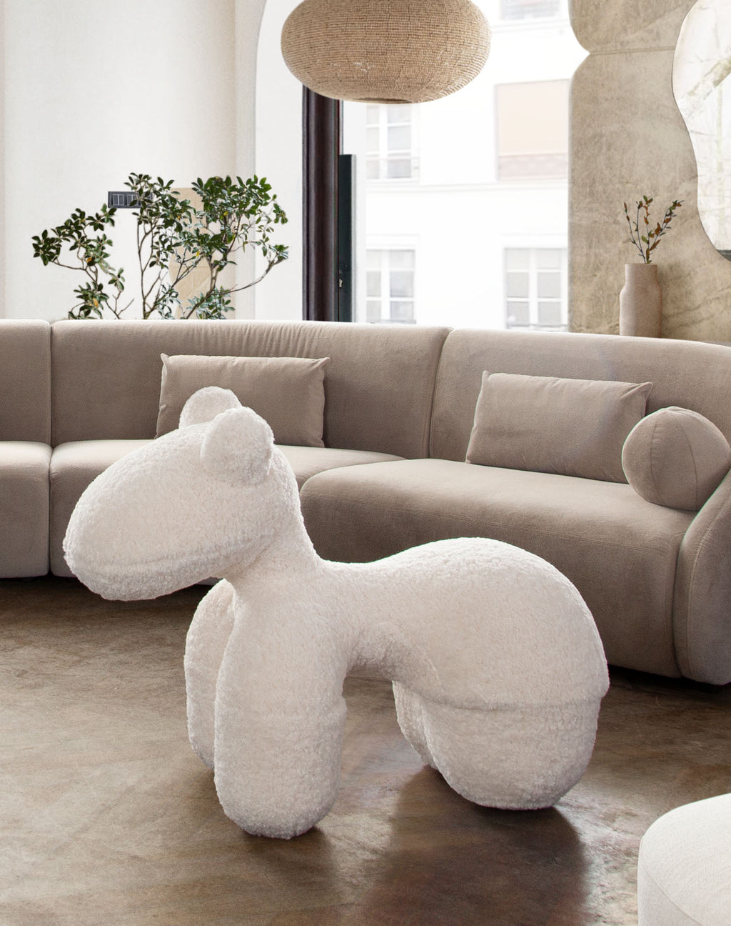 Bailey Animal Bench in Cream Faux Sheepskin by Diamond Sofa - styled in a staged room by Center Stage Home Design