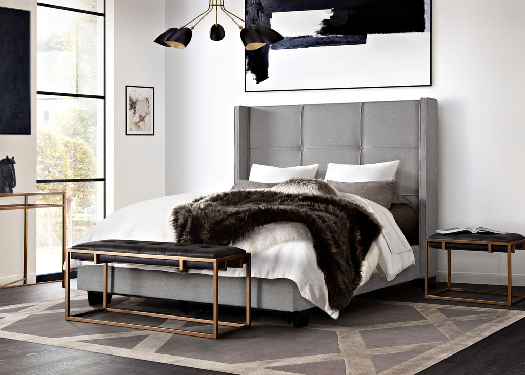 Beverly Queen Bed with Integrated Footboard Storage Unit & Accent Wings in Grey Fabric By Diamond Sofa - styled in a staged room by Center Stage Home Design