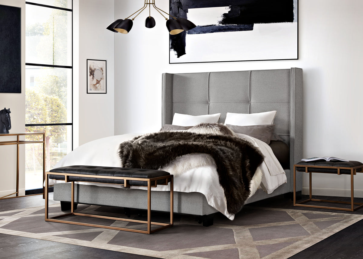Beverly Queen Bed with Integrated Footboard Storage Unit & Accent Wings in Grey Fabric By Diamond Sofa - styled in a staged room by Center Stage Home Design