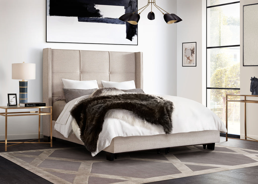 Beverly Queen Bed with Integrated Footboard Storage Unit & Accent Wings in Sand Fabric By Diamond Sofa - styled in a staged room by Center Stage Home Design