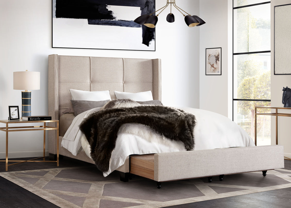 Beverly Queen Bed with Integrated Footboard Storage Unit & Accent Wings in Sand Fabric By Diamond Sofa - styled in a staged room by Center Stage Home Design