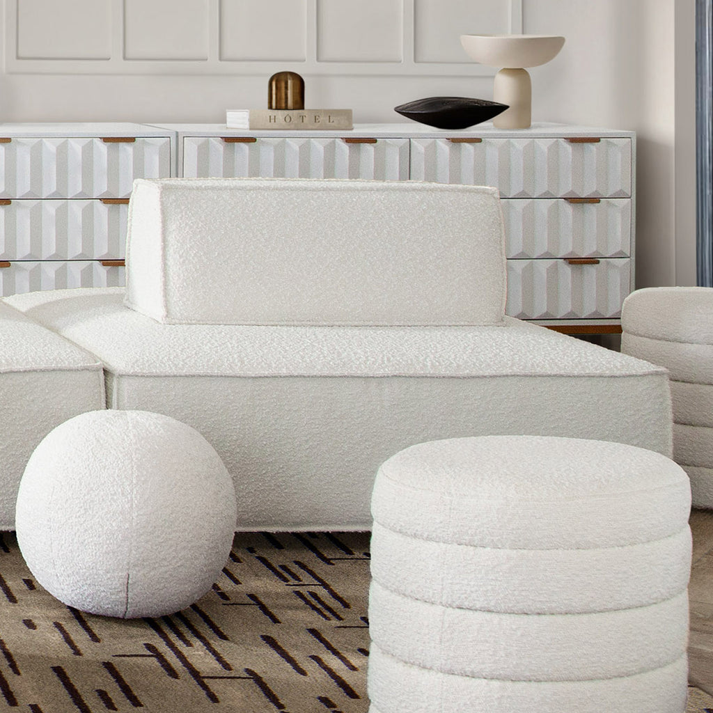 Cara Square Modular Lounger by Diamond Sofa in Ivory Boucle Fabric w/ Moveable, Non-Skid Backrest - styled in a staged room by Center Stage Home Design