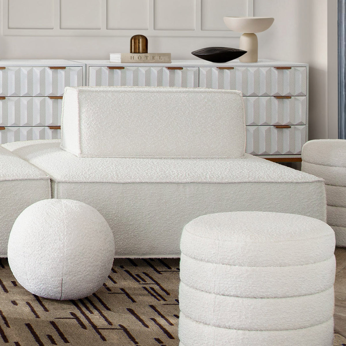 Cara Square Modular Lounger by Diamond Sofa in Ivory Boucle Fabric w/ Moveable, Non-Skid Backrest - styled in a staged room by Center Stage Home Design