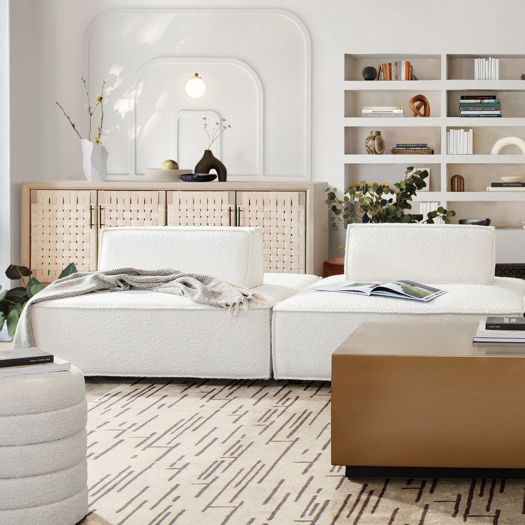 Cara 2-Piece Square Modular Lounger by Diamond Sofa in Ivory Boucle Fabric w/ Moveable, Non-Skid Backrest - styled in a staged room by Center Stage Home Design