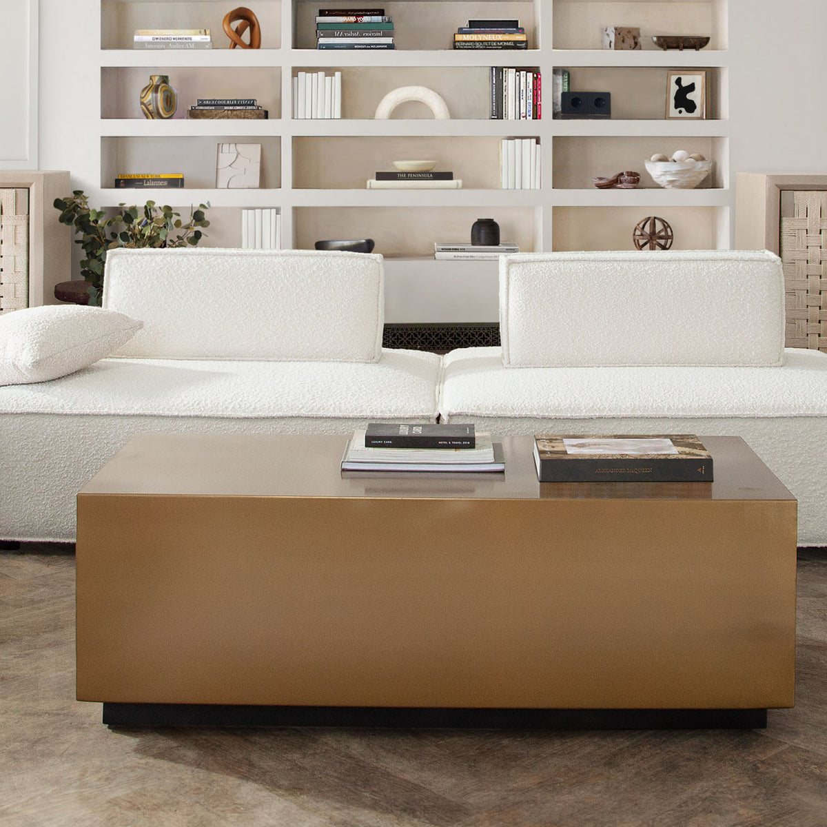 Cara 2-Piece Square Modular Lounger by Diamond Sofa in Ivory Boucle Fabric w/ Moveable, Non-Skid Backrest - styled in a staged room by Center Stage Home Design