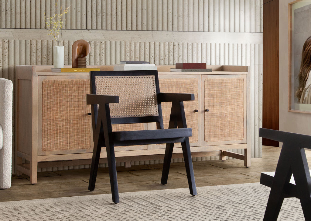 Carter Dining/Accent Chair in Solid Wood Frame in Black Finish w/ Natural Cane Seat Back by Diamond Sofa - styled in a staged room by Center Stage Home Design
