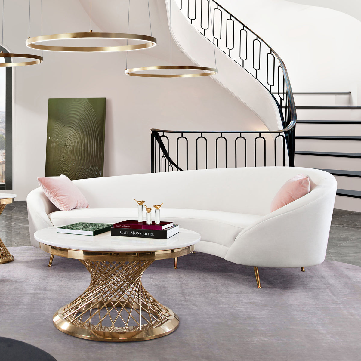 Celine Curved Sofa with Contoured Back in Light Cream Velvet and Gold Metal Legs by Diamond Sofa - styled in a staged room by Center Stage Home Design
