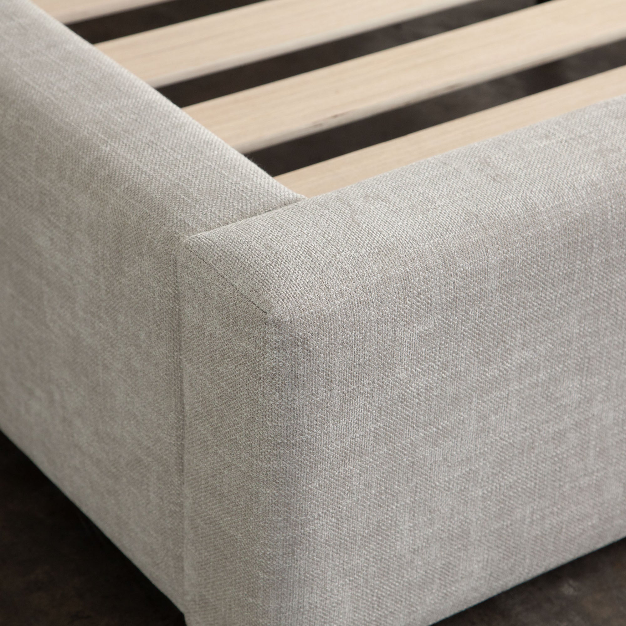 Cloud2 43" Low Profile Queen Bed in Sand Fabric by Diamond Sofa - styled in a staged room by Center Stage Home Design