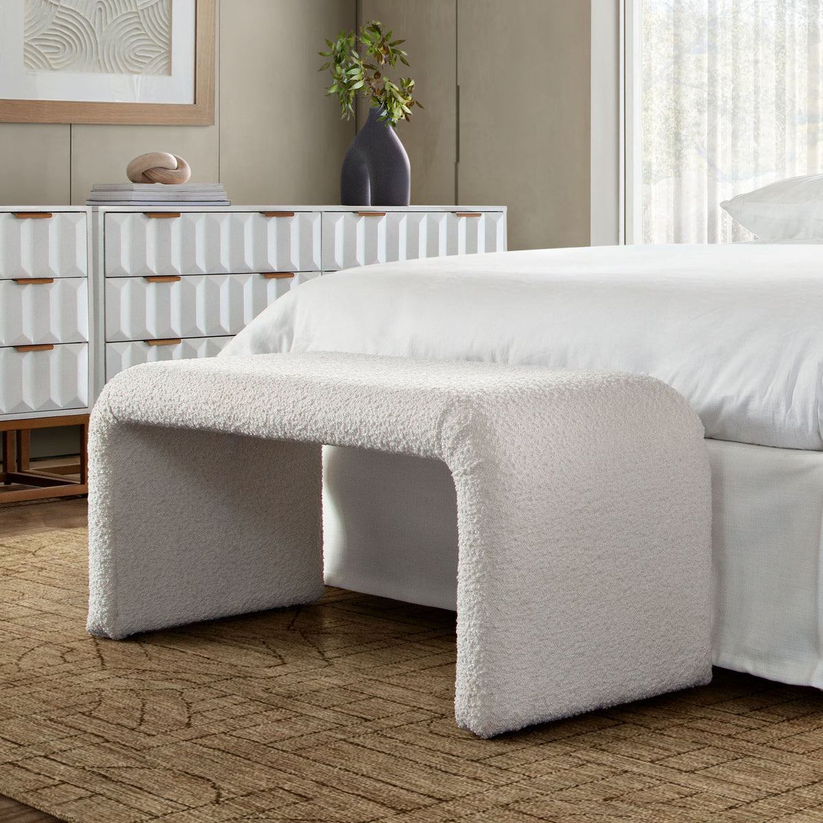 Conrad Accent Bench in Ivory Boucle Fabric by Diamond Sofa - styled in a staged room by Center Stage Home Design
