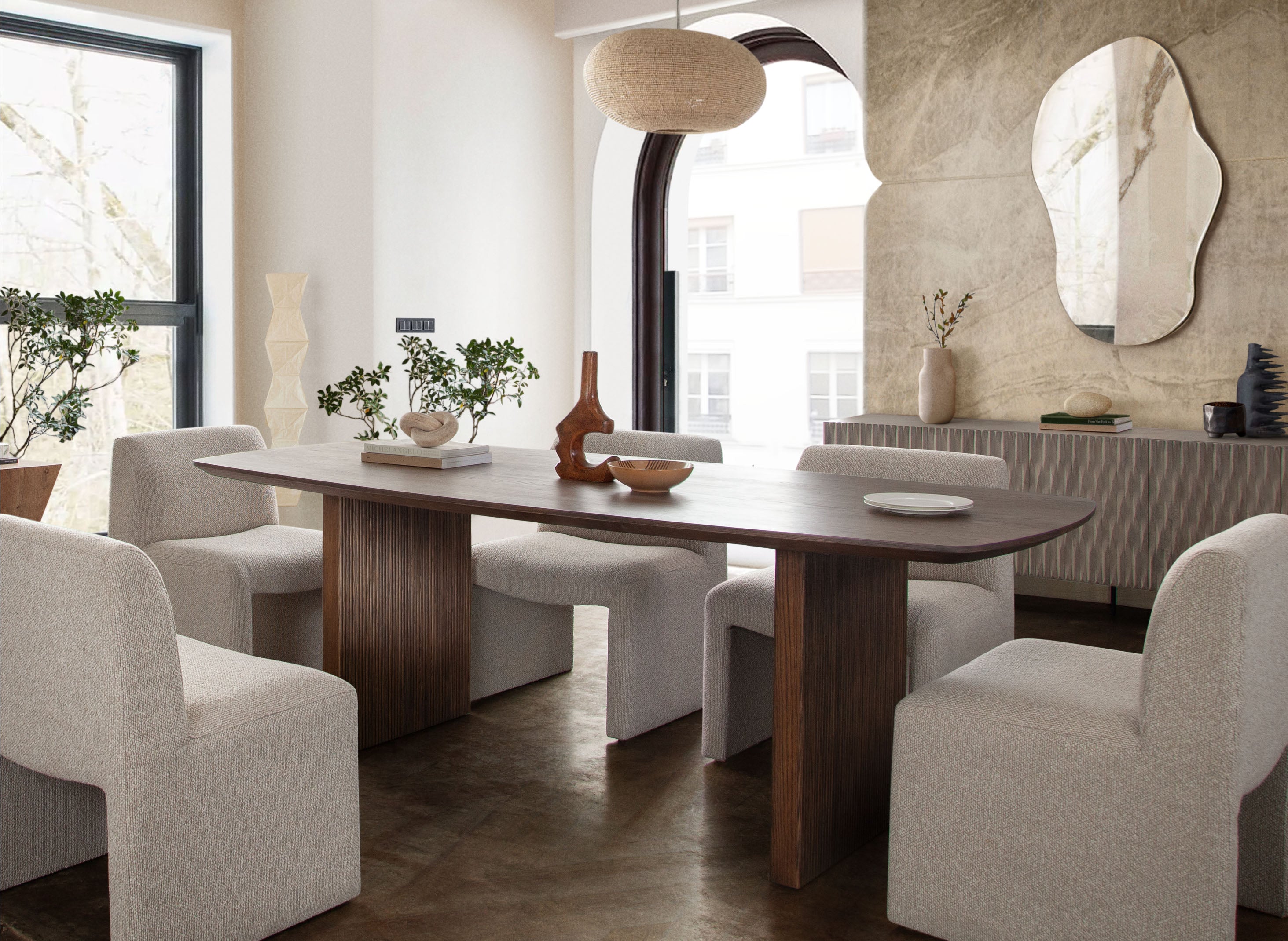 Coral Armless Dining/Accent Chair in Wheat Polyester Fabric by Diamond Sofa - styled in a staged room by Center Stage Home Design