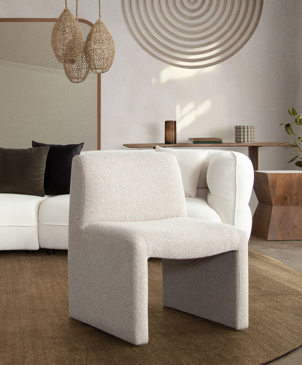 Coral Armless Dining/Accent Chair in Wheat Polyester Fabric by Diamond Sofa - styled in a staged room by Center Stage Home Design