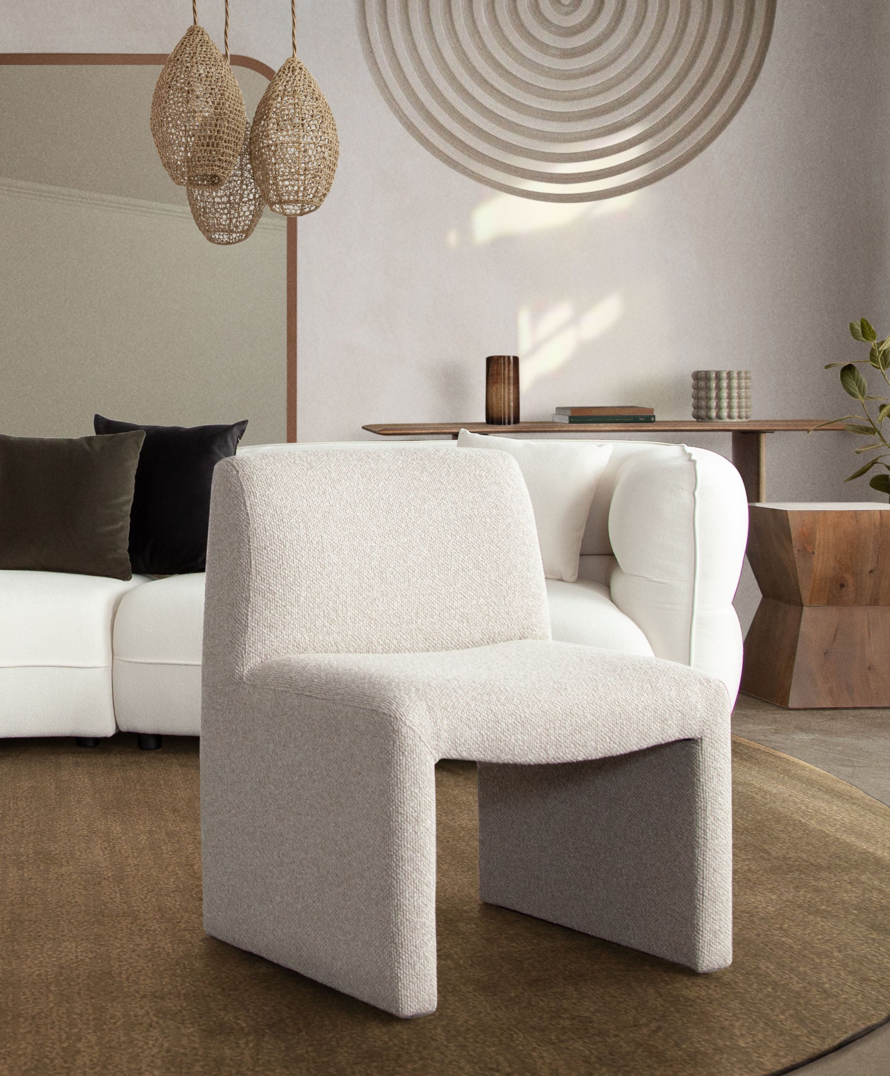 Coral Armless Dining/Accent Chair in Wheat Polyester Fabric by Diamond Sofa - styled in a staged room by Center Stage Home Design