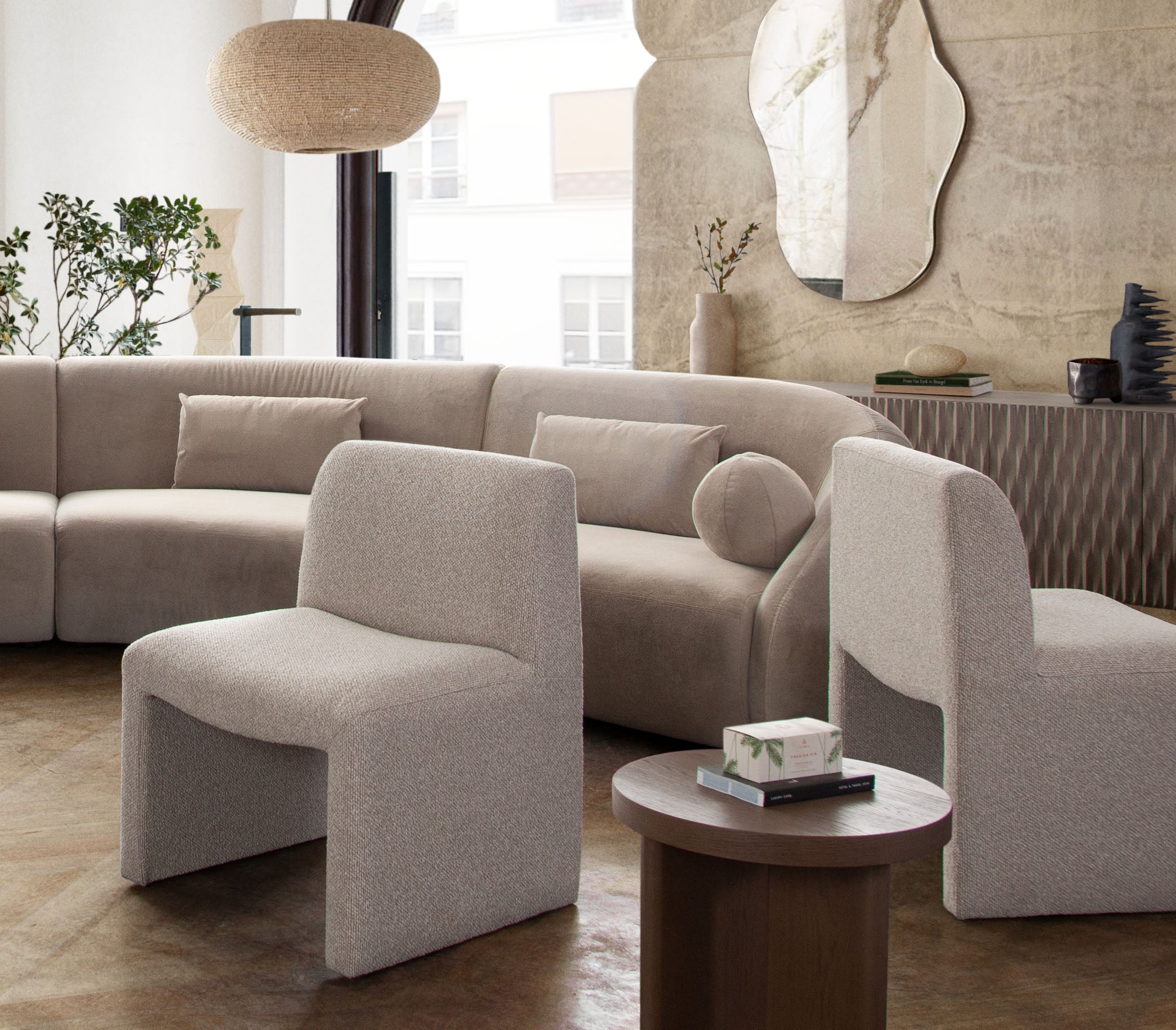 Coral Armless Dining/Accent Chair in Wheat Polyester Fabric by Diamond Sofa - styled in a staged room by Center Stage Home Design