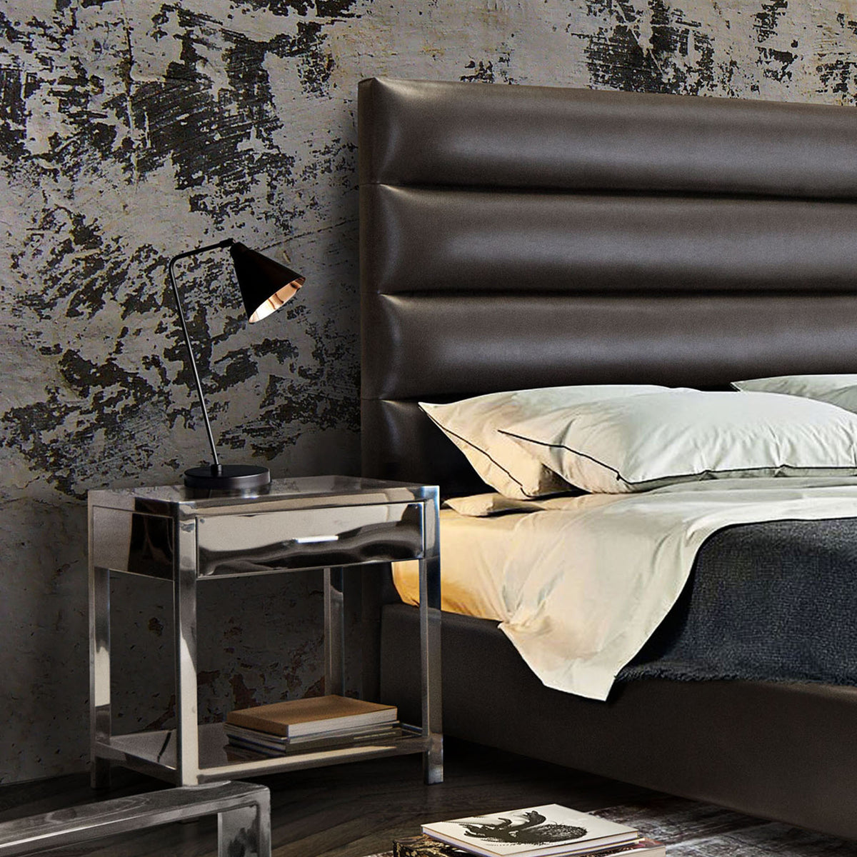 Corleo 1-Drawer Accent Table in Polished Stainless Steel by Diamond Sofa - styled in a staged room by Center Stage Home Design