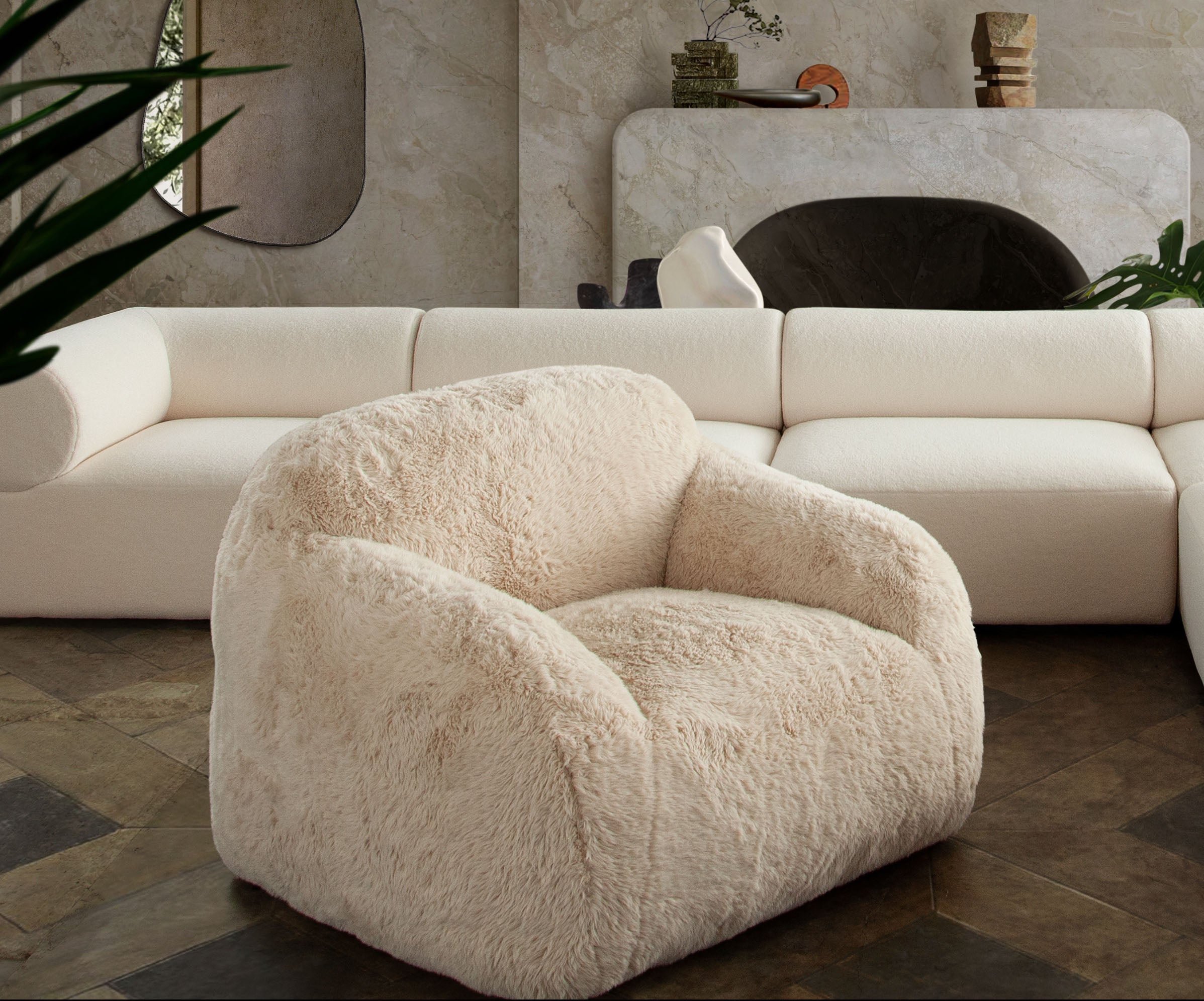 Dawson Accent Chair in Yak Sand Natural Faux Fur by Diamond Sofa - styled in a staged room by Center Stage Home Design