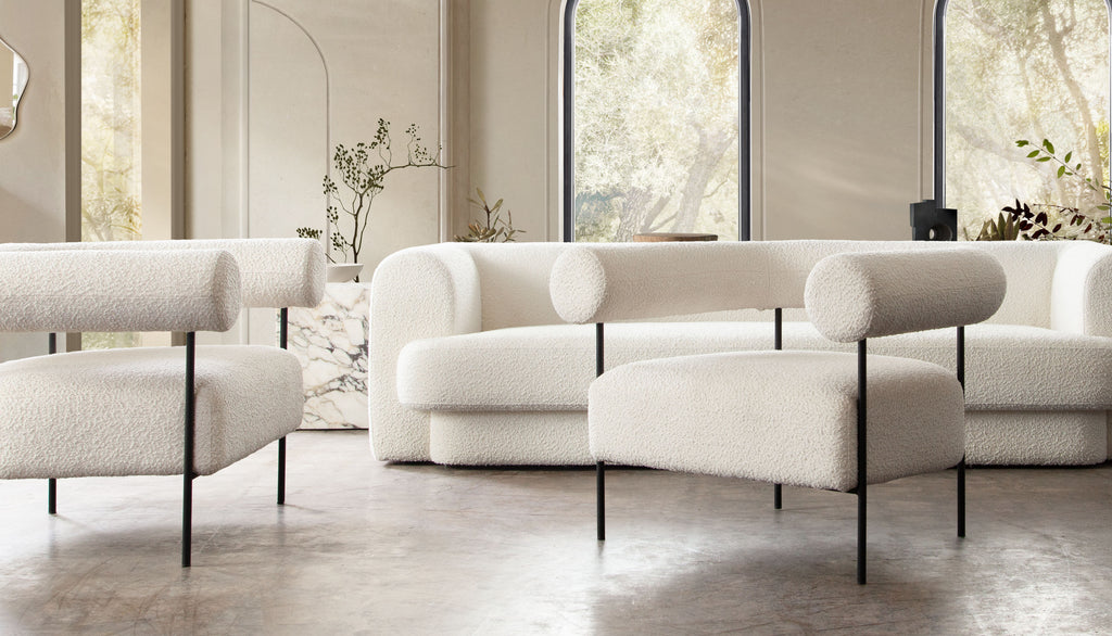 District Accent Chair in Ivory Boucle Fabric w/ Black Metal Frame by Diamond Sofa - styled in a staged room by Center Stage Home Design