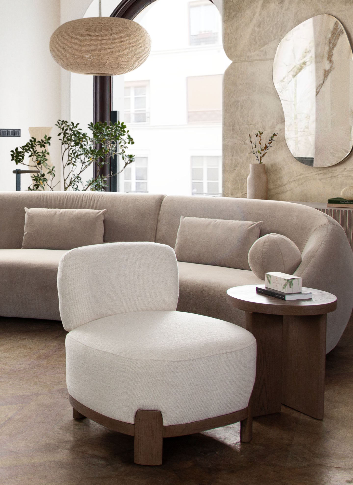 Dove Armless Accent Chair in Cream Polyester Fabric with Wood Trim by Diamond Sofa - styled in a staged room by Center Stage Home Design