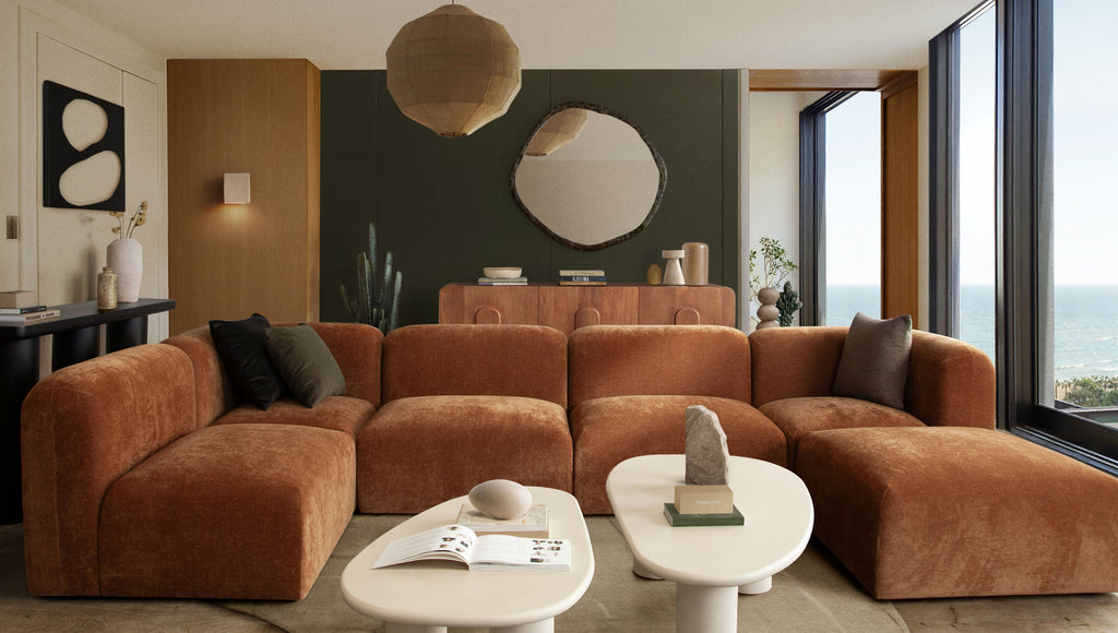 Echo 3PC Modular Sofa in Amber Fabric by Diamond Sofa - styled in a staged room by Center Stage Home Design