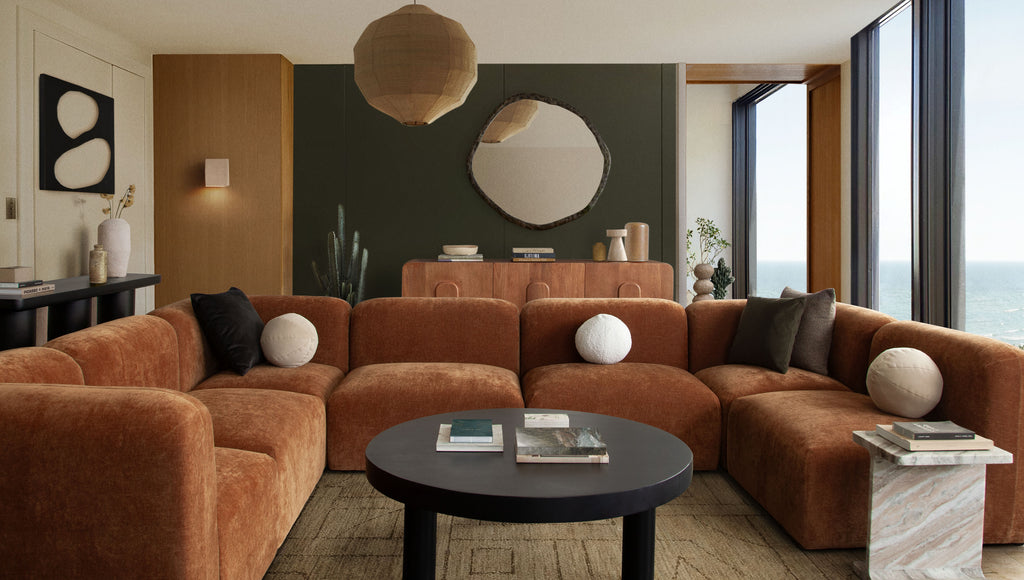 Echo 3PC Modular Sofa in Amber Fabric by Diamond Sofa - styled in a staged room by Center Stage Home Design