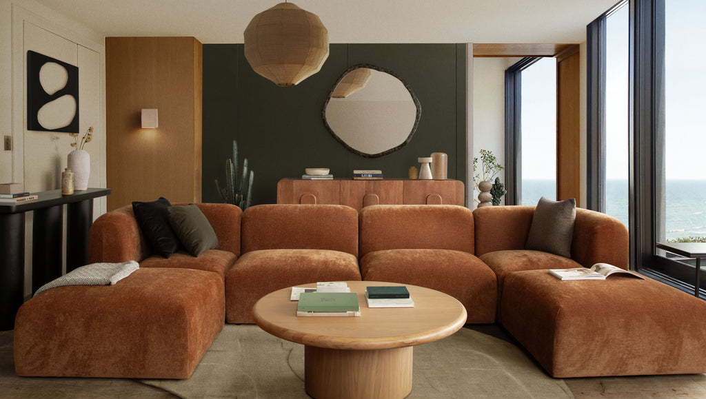 Echo 3PC Modular Sofa in Amber Fabric by Diamond Sofa - styled in a staged room by Center Stage Home Design