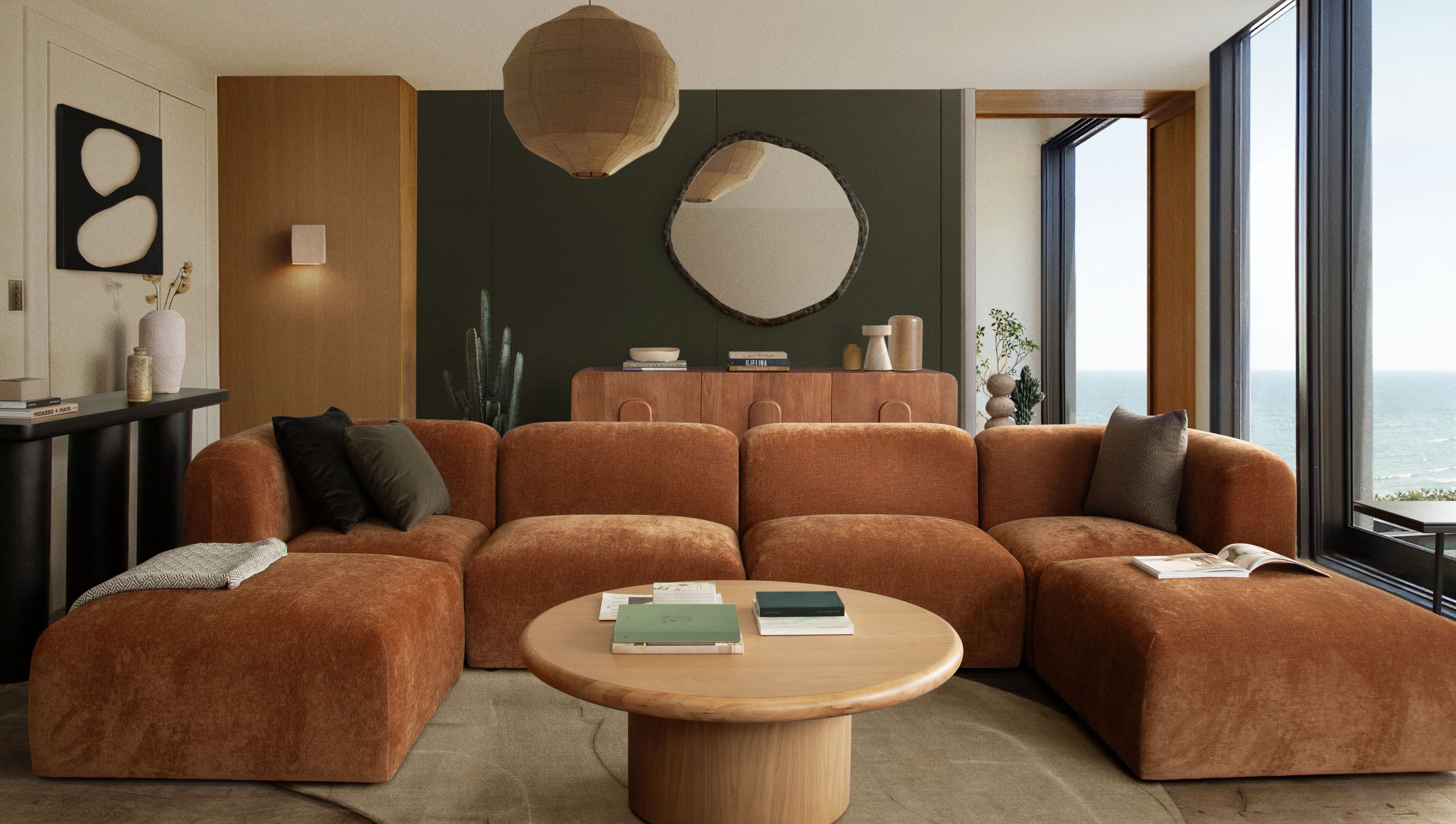 Echo 3PC Modular Sofa in Amber Fabric by Diamond Sofa - styled in a staged room by Center Stage Home Design
