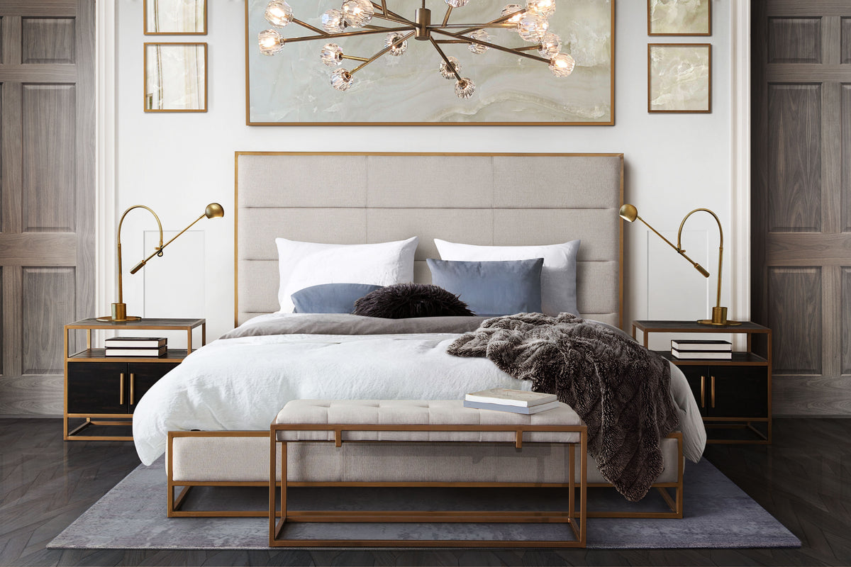 Empire Eastern King Bed in Sand Fabric with Hand brushed Gold Metal Frame by Diamond Sofa - styled in a staged room by Center Stage Home Design