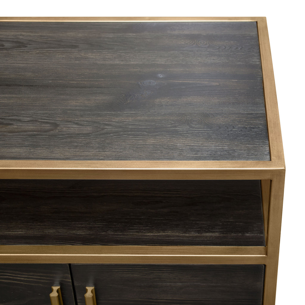 Empire 2-Door End Table in Dark Brown Veneer w/ Hand brushed Gold Metal Frame by Diamond Sofa - styled in a staged room by Center Stage Home Design