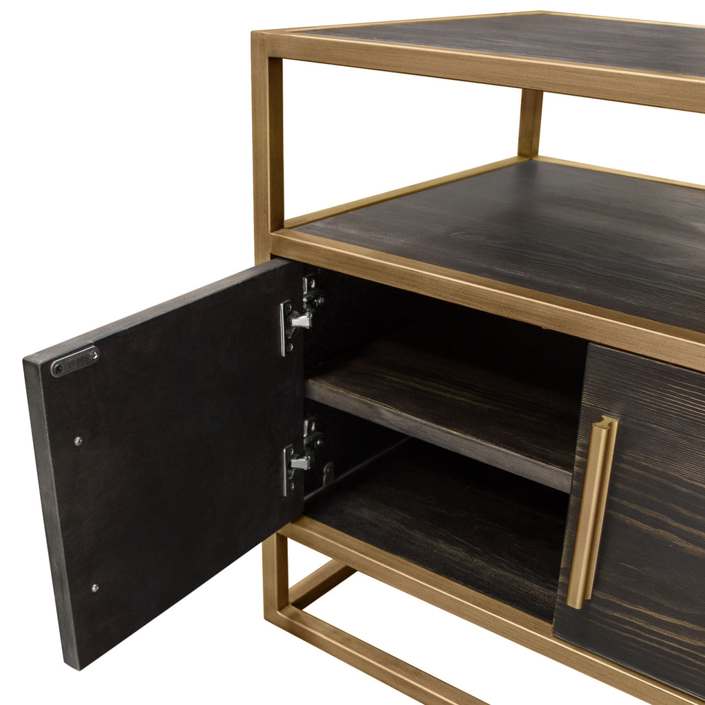 Empire 2-Door End Table in Dark Brown Veneer w/ Hand brushed Gold Metal Frame by Diamond Sofa - styled in a staged room by Center Stage Home Design