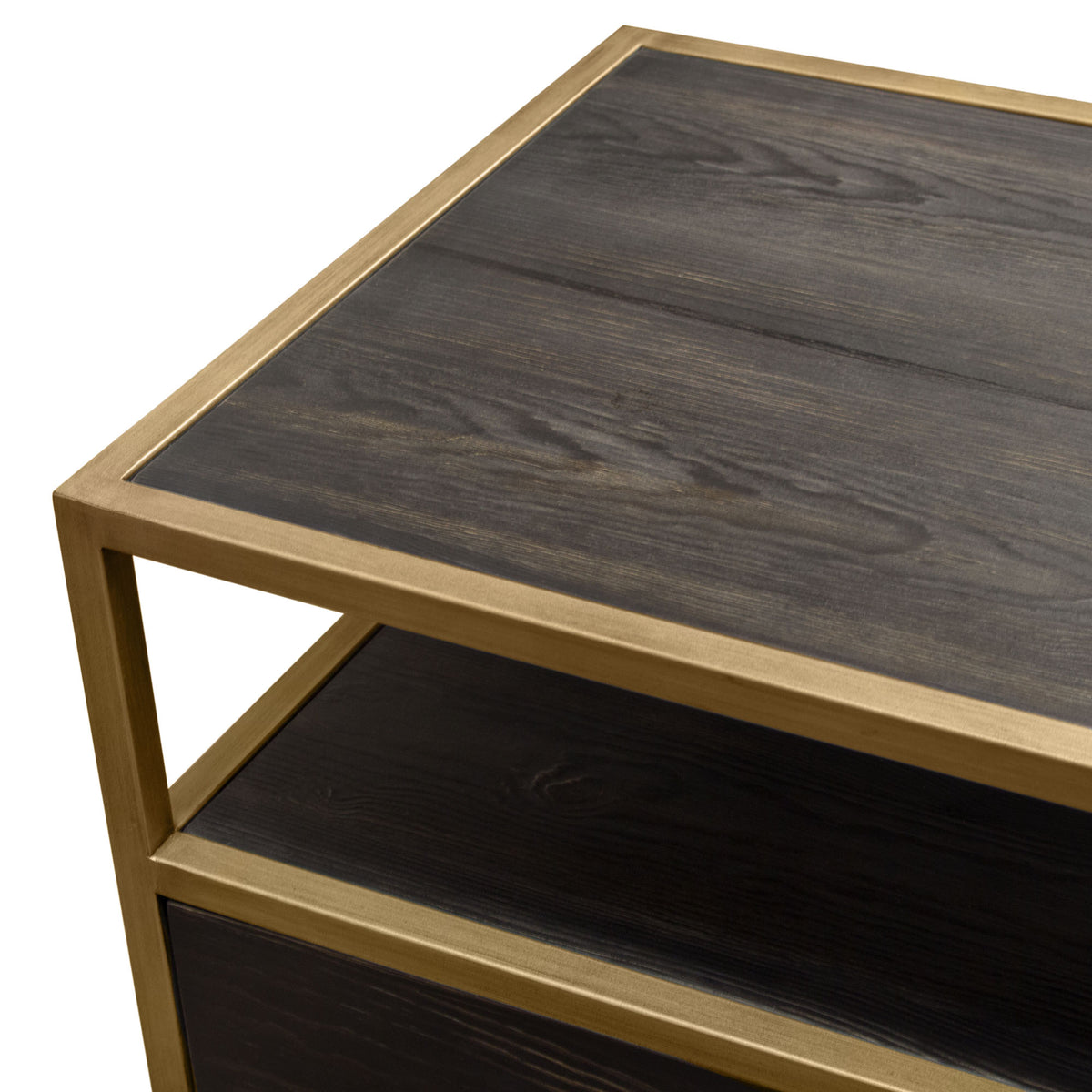 Empire 2-Door End Table in Dark Brown Veneer w/ Hand brushed Gold Metal Frame by Diamond Sofa - styled in a staged room by Center Stage Home Design