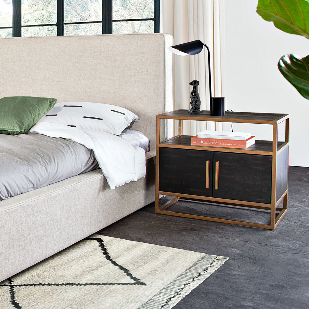 Empire 2-Door End Table in Dark Brown Veneer w/ Hand brushed Gold Metal Frame by Diamond Sofa - styled in a staged room by Center Stage Home Design