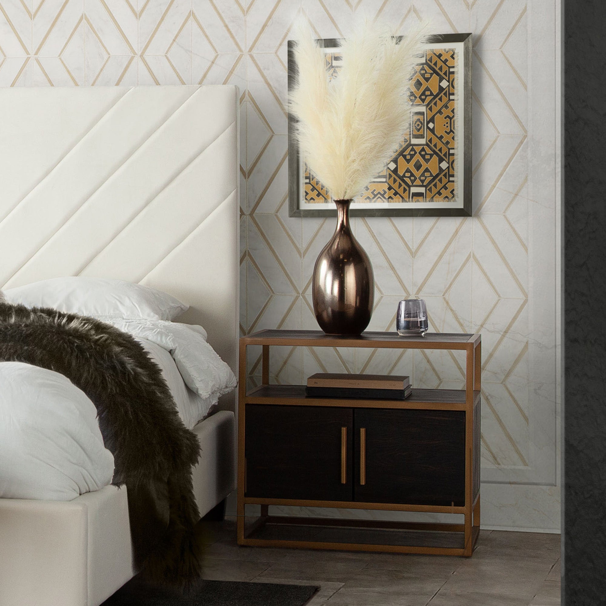 Empire 2-Door End Table in Dark Brown Veneer w/ Hand brushed Gold Metal Frame by Diamond Sofa - styled in a staged room by Center Stage Home Design
