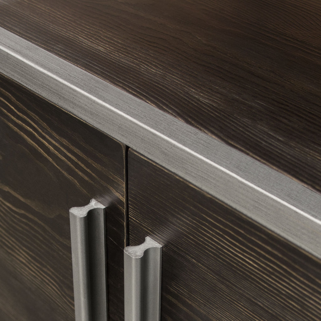 Empire 2-Door End Table in Dark Brown Veneer w/ Hand brushed Silver Metal Frame by Diamond Sofa - styled in a staged room by Center Stage Home Design