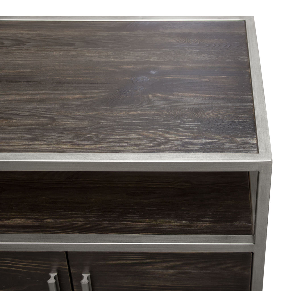 Empire 2-Door End Table in Dark Brown Veneer w/ Hand brushed Silver Metal Frame by Diamond Sofa - styled in a staged room by Center Stage Home Design