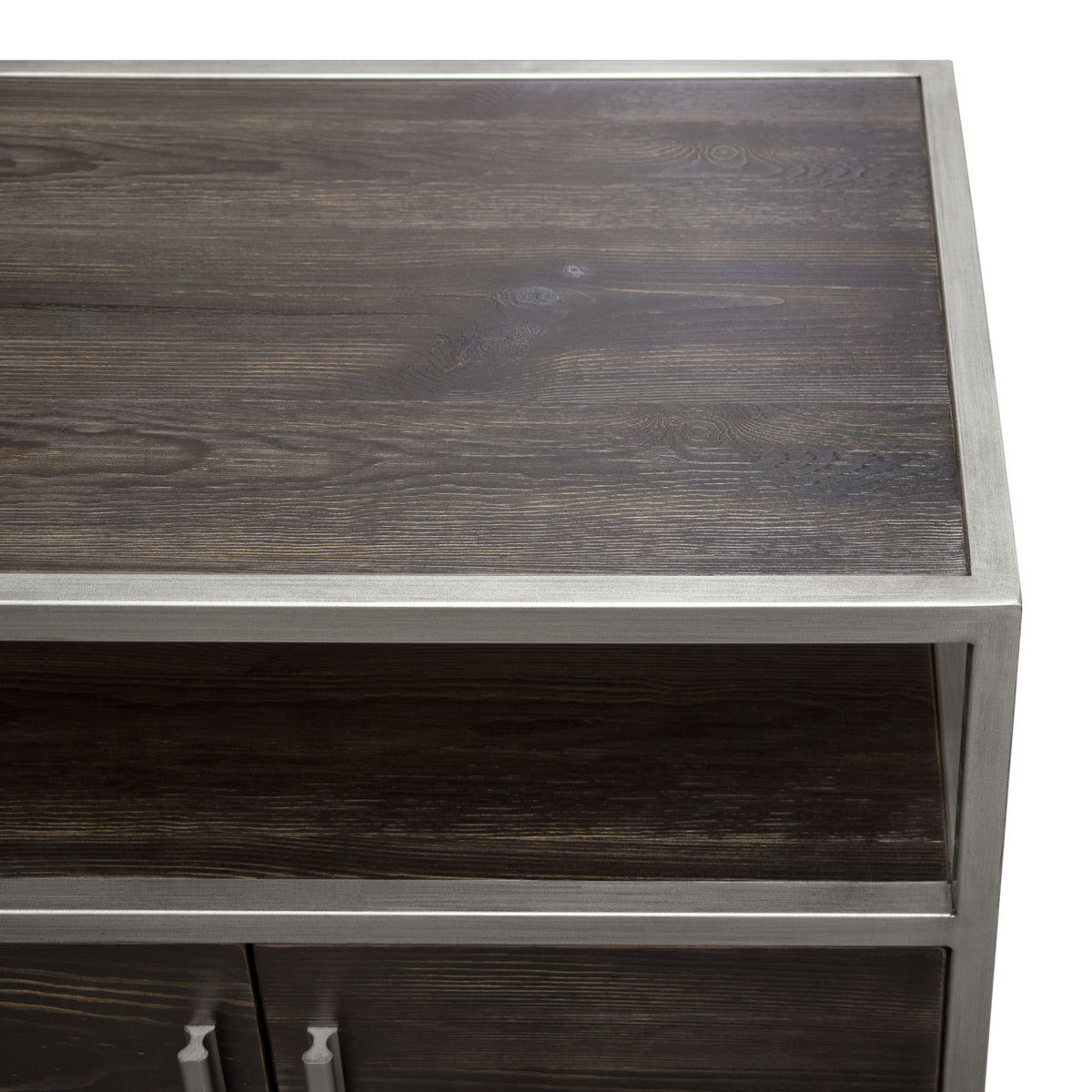 Empire 2-Door End Table in Dark Brown Veneer w/ Hand brushed Silver Metal Frame by Diamond Sofa - styled in a staged room by Center Stage Home Design