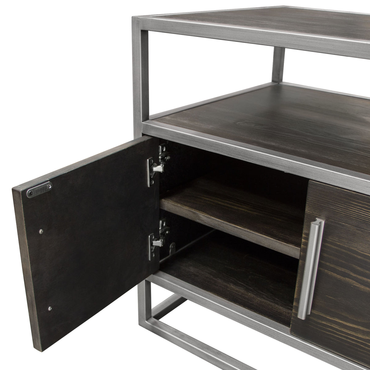 Empire 2-Door End Table in Dark Brown Veneer w/ Hand brushed Silver Metal Frame by Diamond Sofa - styled in a staged room by Center Stage Home Design
