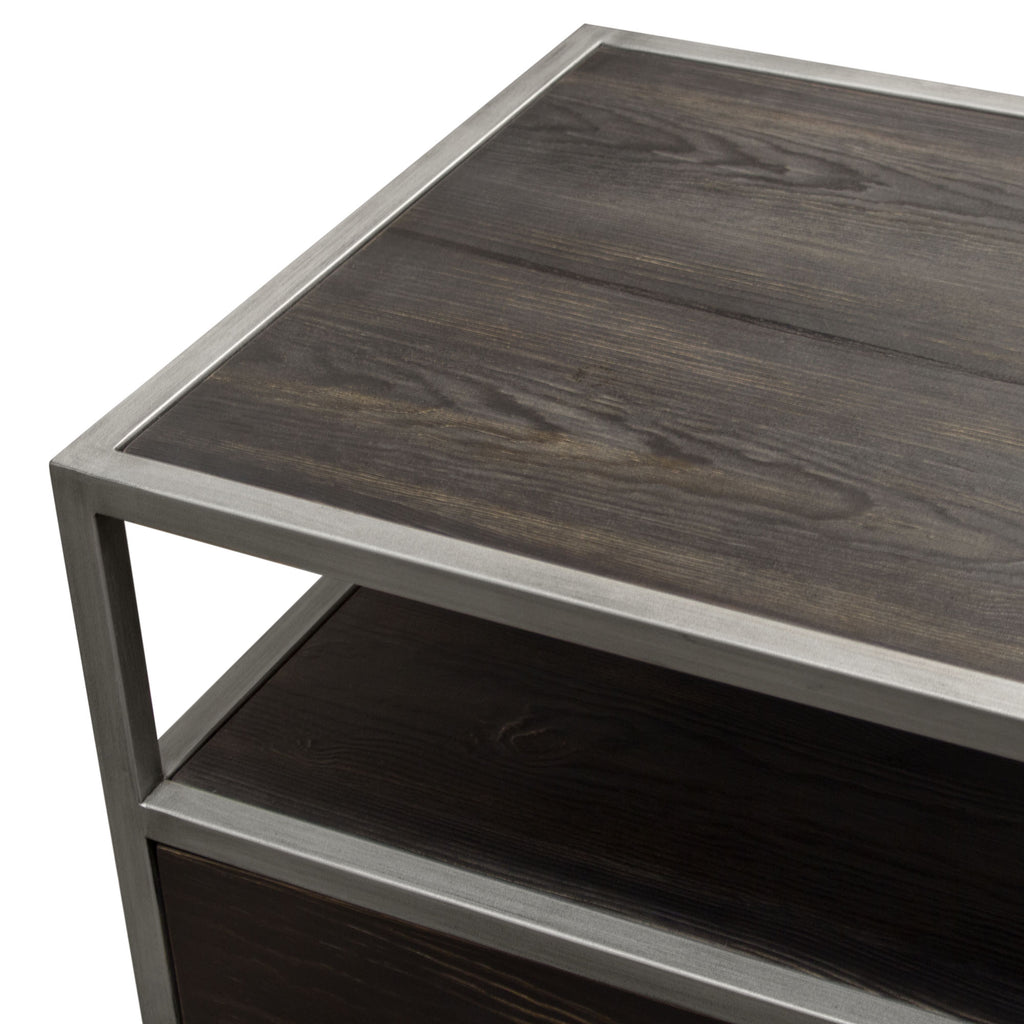 Empire 2-Door End Table in Dark Brown Veneer w/ Hand brushed Silver Metal Frame by Diamond Sofa - styled in a staged room by Center Stage Home Design