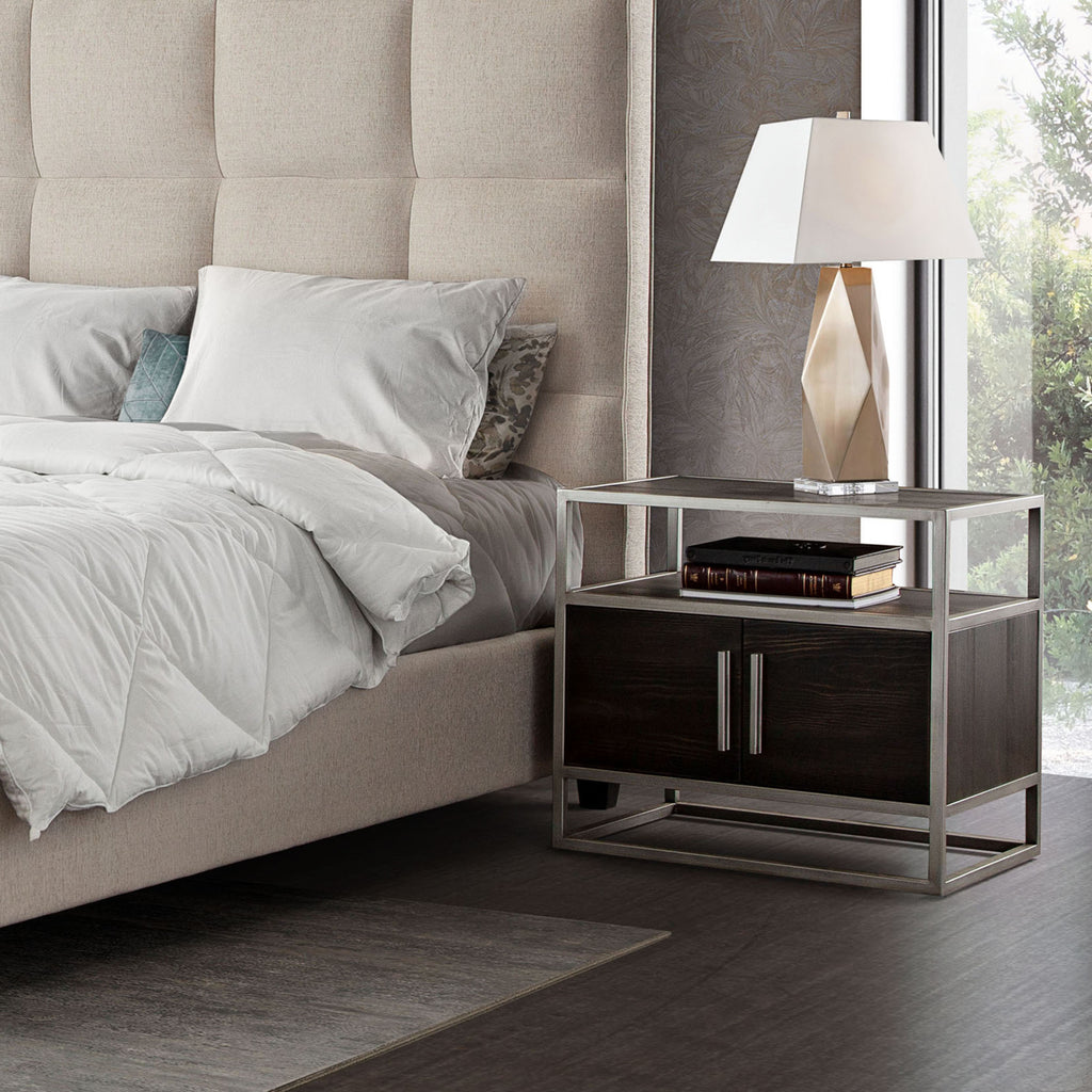 Empire 2-Door End Table in Dark Brown Veneer w/ Hand brushed Silver Metal Frame by Diamond Sofa - styled in a staged room by Center Stage Home Design