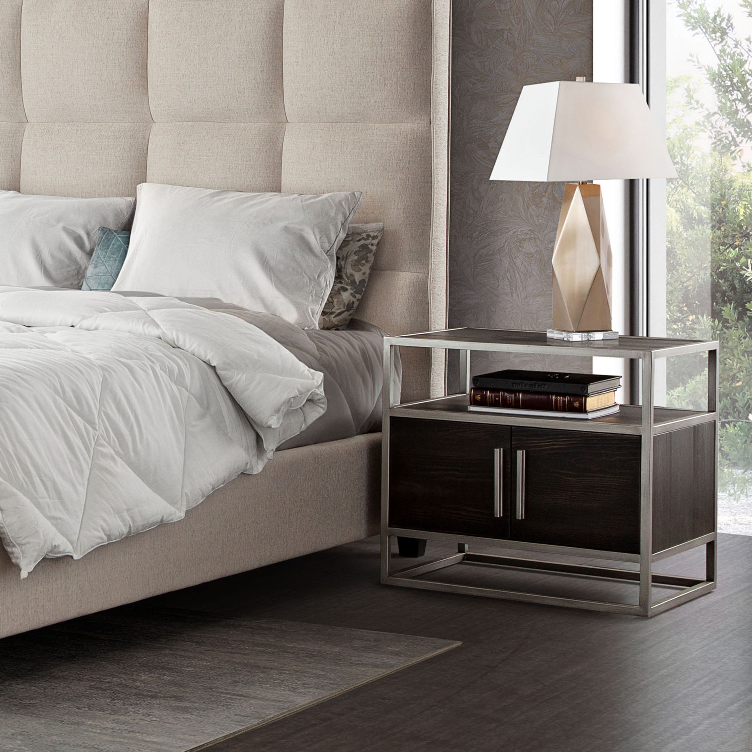 Empire 2-Door End Table in Dark Brown Veneer w/ Hand brushed Silver Metal Frame by Diamond Sofa - styled in a staged room by Center Stage Home Design