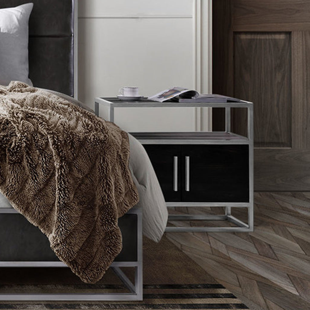 Empire 2-Door End Table in Dark Brown Veneer w/ Hand brushed Silver Metal Frame by Diamond Sofa - styled in a staged room by Center Stage Home Design