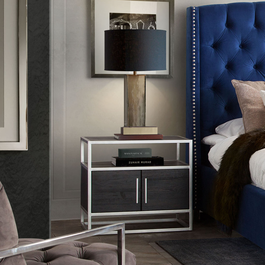 Empire 2-Door End Table in Dark Brown Veneer w/ Hand brushed Silver Metal Frame by Diamond Sofa - styled in a staged room by Center Stage Home Design