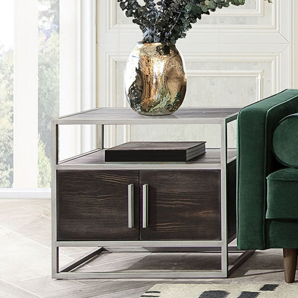 Empire 2-Door End Table in Dark Brown Veneer w/ Hand brushed Silver Metal Frame by Diamond Sofa - styled in a staged room by Center Stage Home Design