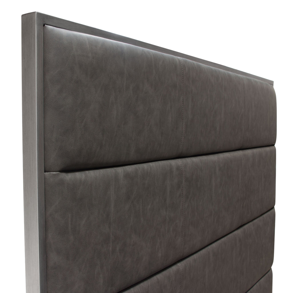 Empire Queen Bed in Weathered Grey PU with Hand brushed Silver Metal Frame by Diamond Sofa - styled in a staged room by Center Stage Home Design